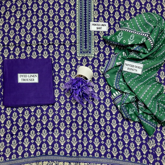 3 Pcs Women’s Unstitched Linen Printed Suit – Blue Designer Inspired