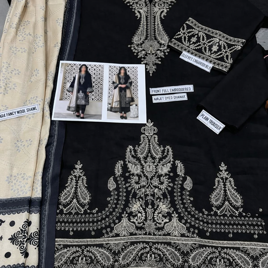 3 Pcs Women’s Unstitched Embroidered Suit – Black Elegance