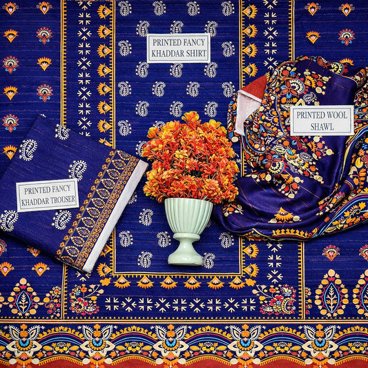 3 Pcs Women’s Unstitched Khaddar Printed Suit – Blue