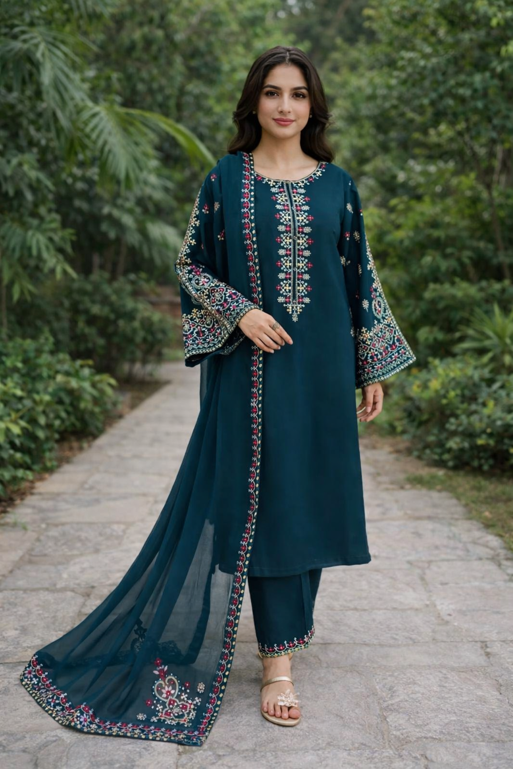 3 Pcs Women’s Unstitched Embroidered Dhanak Suit