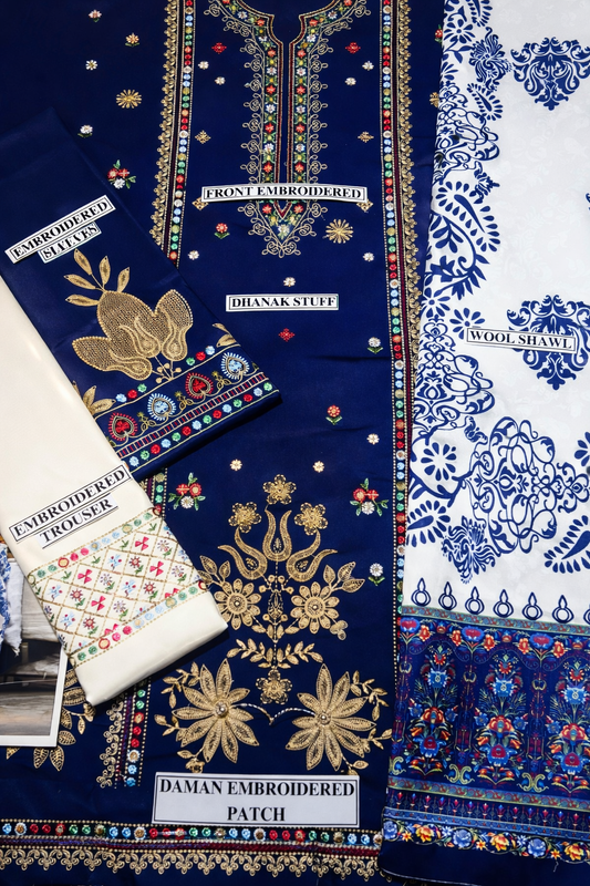 3 Pcs Women's Unstitched Embroidered Dhanak Suit – Blue