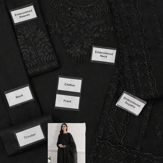 Black Chiffon Patch Work Suit – 3 Pcs (With Inner)