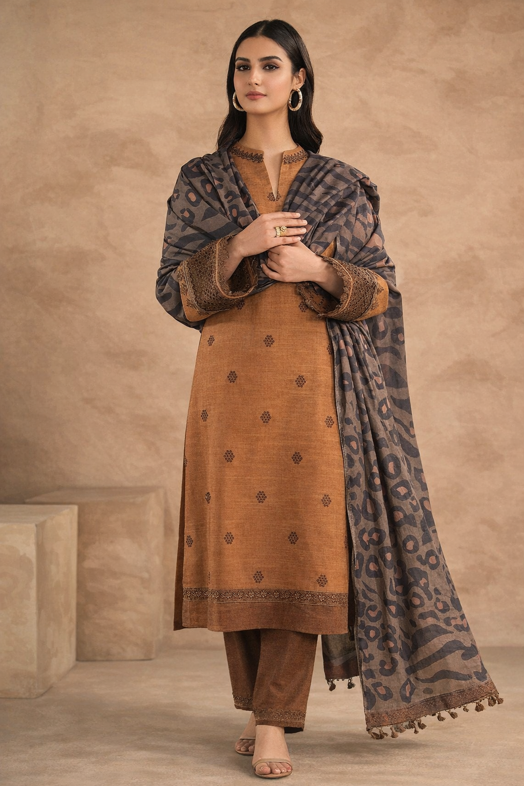 3 Pcs Women’s Unstitched Embroidered Suit – Brown