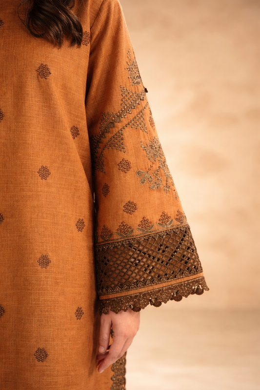 3 Pcs Women’s Unstitched Embroidered Suit – Brown