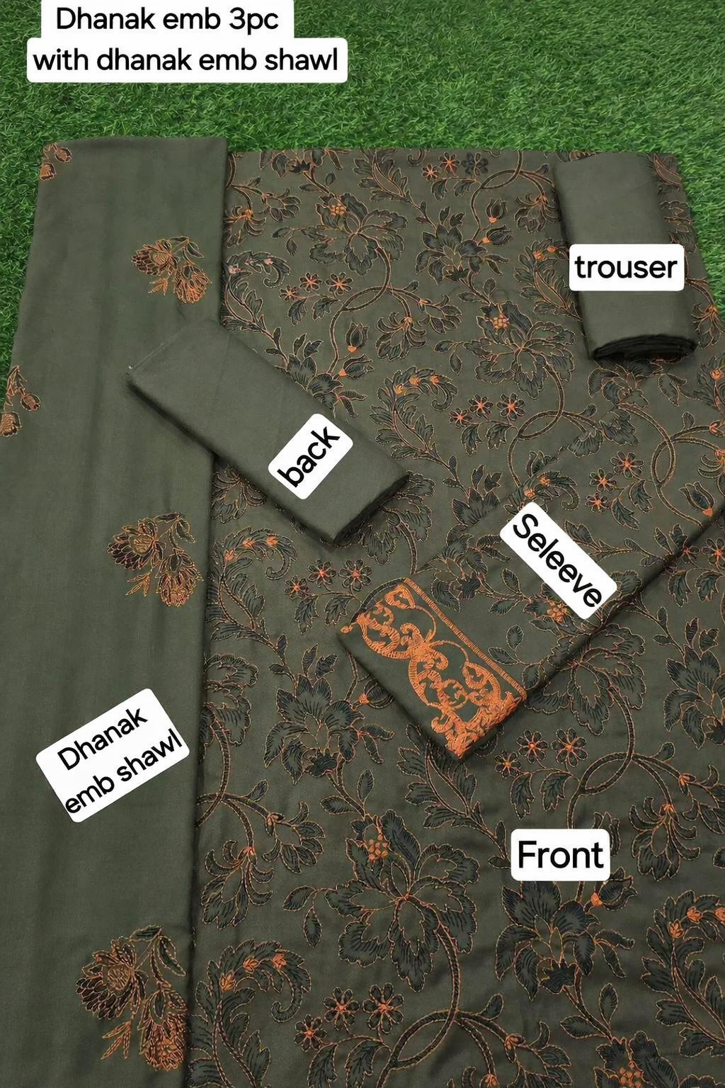 Stylish Green Embroidered Suit Set - 3 Pcs with Dhanak Fabric