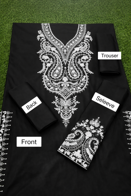 Stylish 2-Piece Women’s Unstitched Embroidered Dhanak Suit – Black