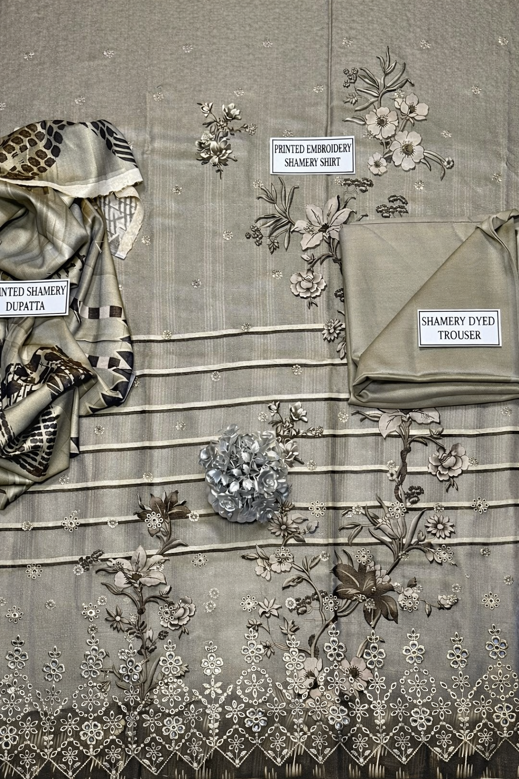 Stunning 3 Pcs Grey Embroidered Suit with Printed Trouser & Dupatta(Winter Collection)