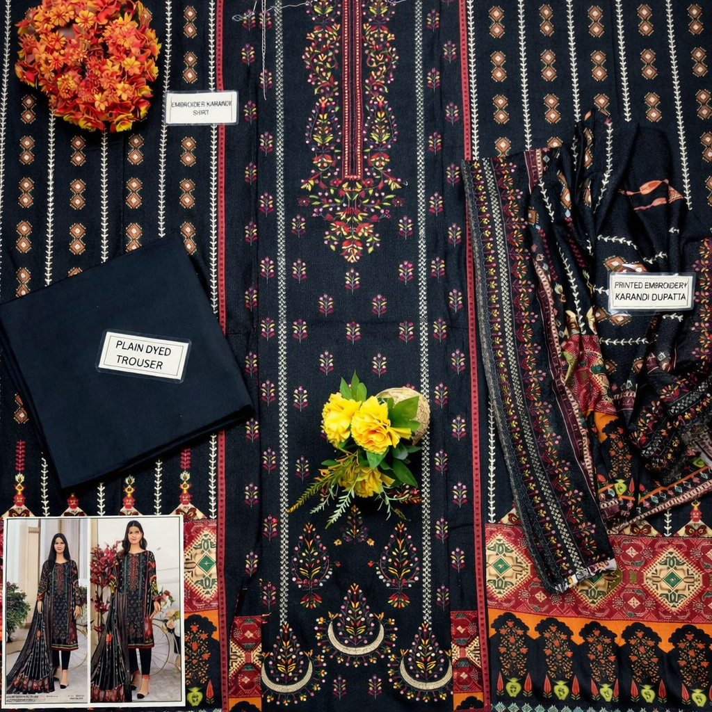 3 Pcs Women’s Unstitched Karandi Printed Suit – Winter Collection