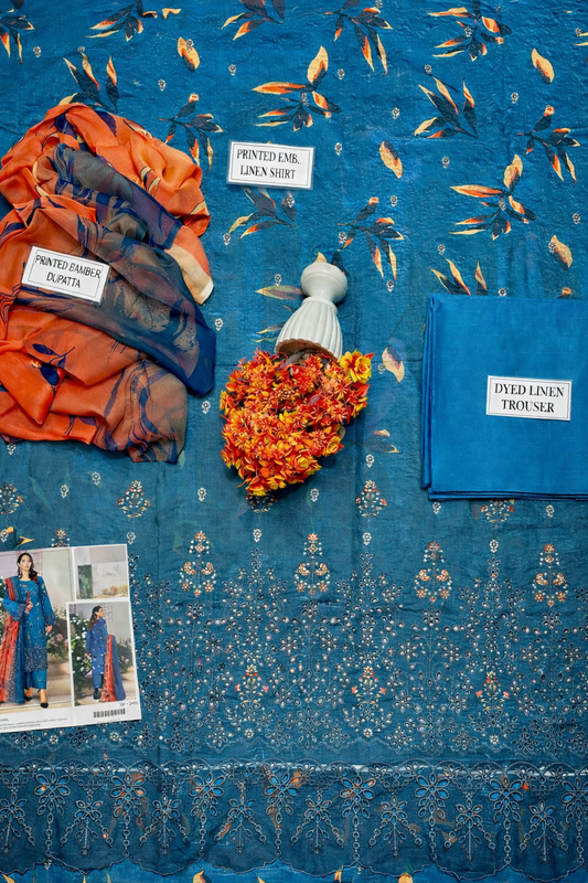 Elegant Blue Linen Embroidered Suit with Chikankari Sleeves and Embellished Dupatta