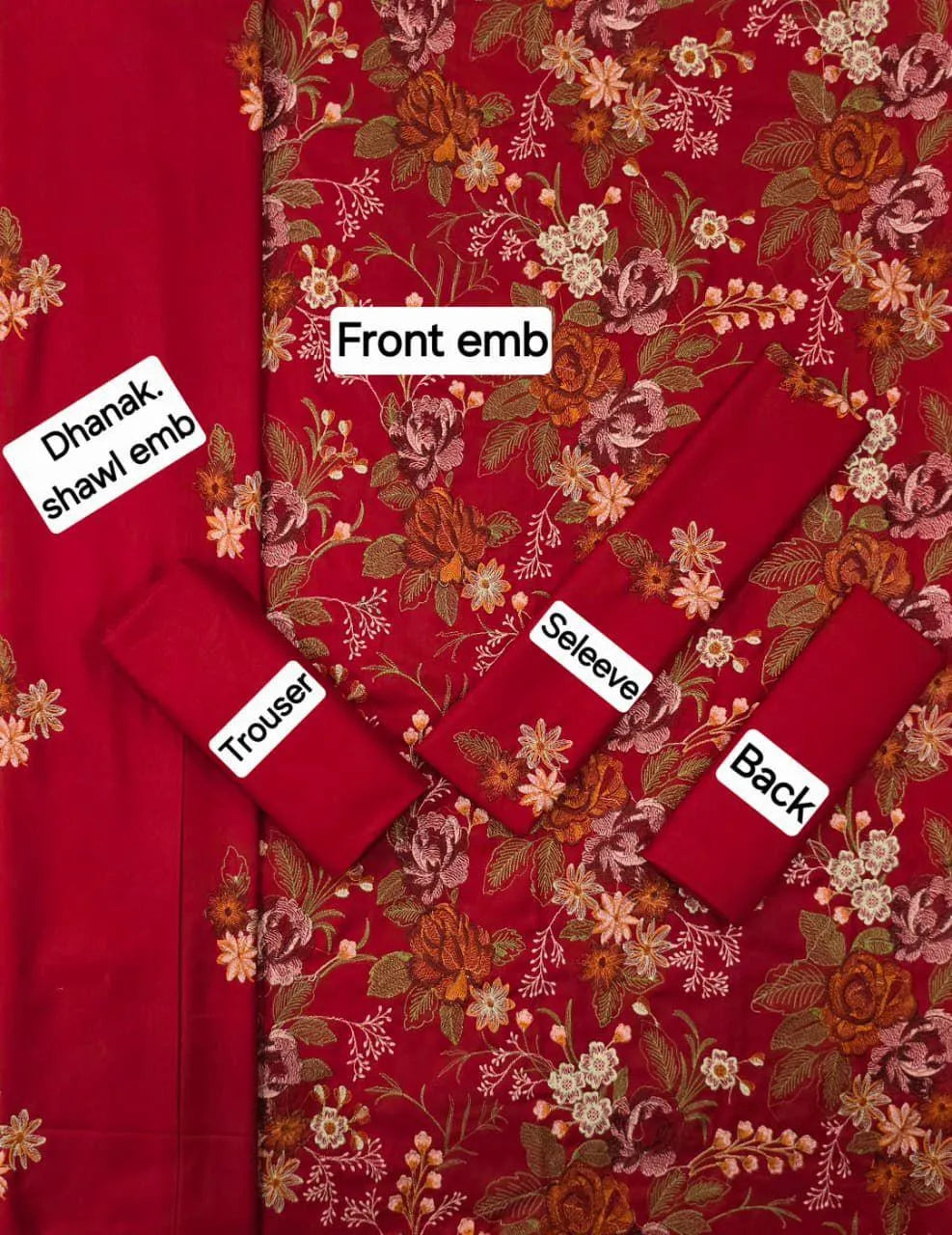 3-Piece Women’s Unstitched Embroidered Dhanak Suit with Dupatta – Red (Winter Collection)