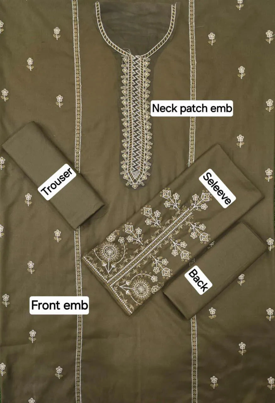 -Piece Women’s Unstitched Embroidered Dhanak Suit – Brown (Winter Collection)