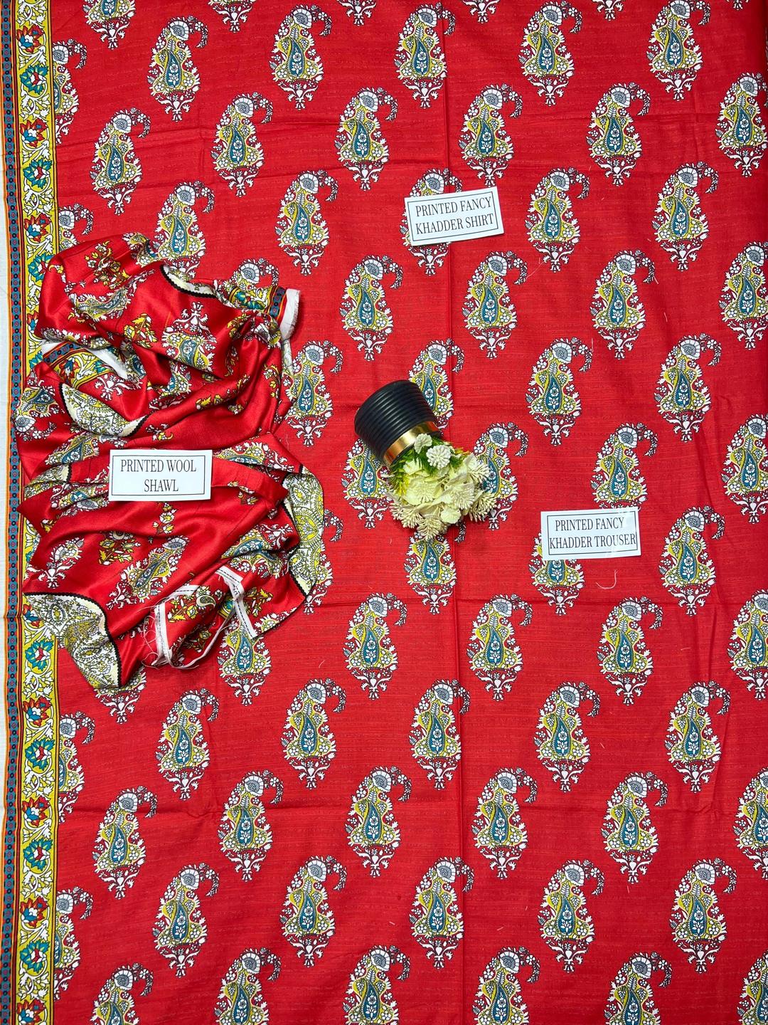 3 Pcs Women’s Unstitched Khaddar Printed Suit – Red