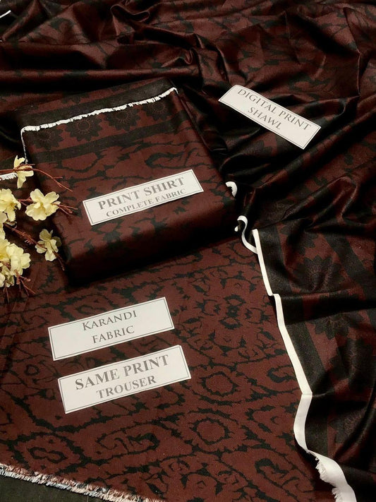 🧡 Elegant 3 Pcs Karandi Digital Print Suit – Perfect for Every Occasion