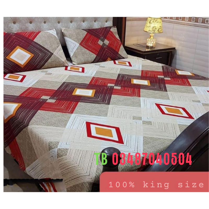 3 Pcs Cotton Printed Double Bedsheet