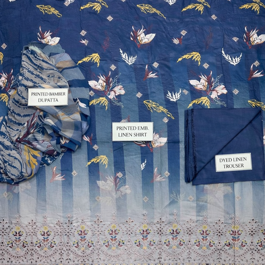 💙 Elegant Blue Linen Suit with Embroidered Details