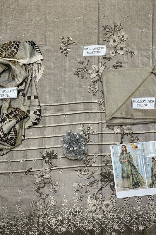 Stunning 3 Pcs Grey Embroidered Suit with Printed Trouser & Dupatta(Winter Collection)