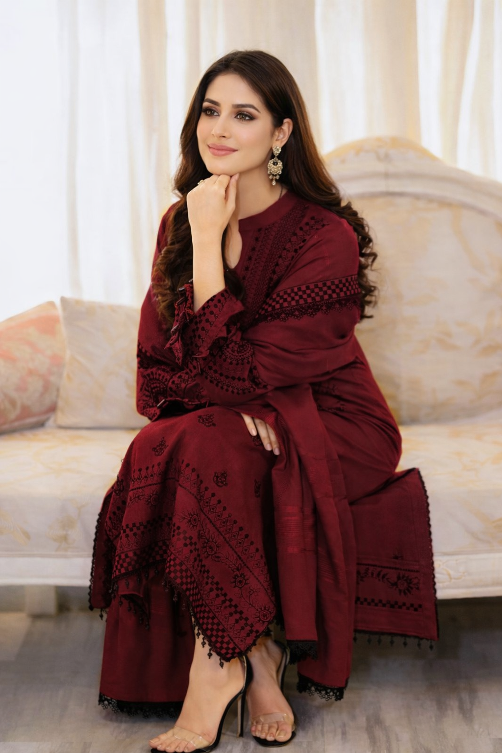 3 Pcs Women’s Unstitched Embroidered Dhanak Suit – Maroon