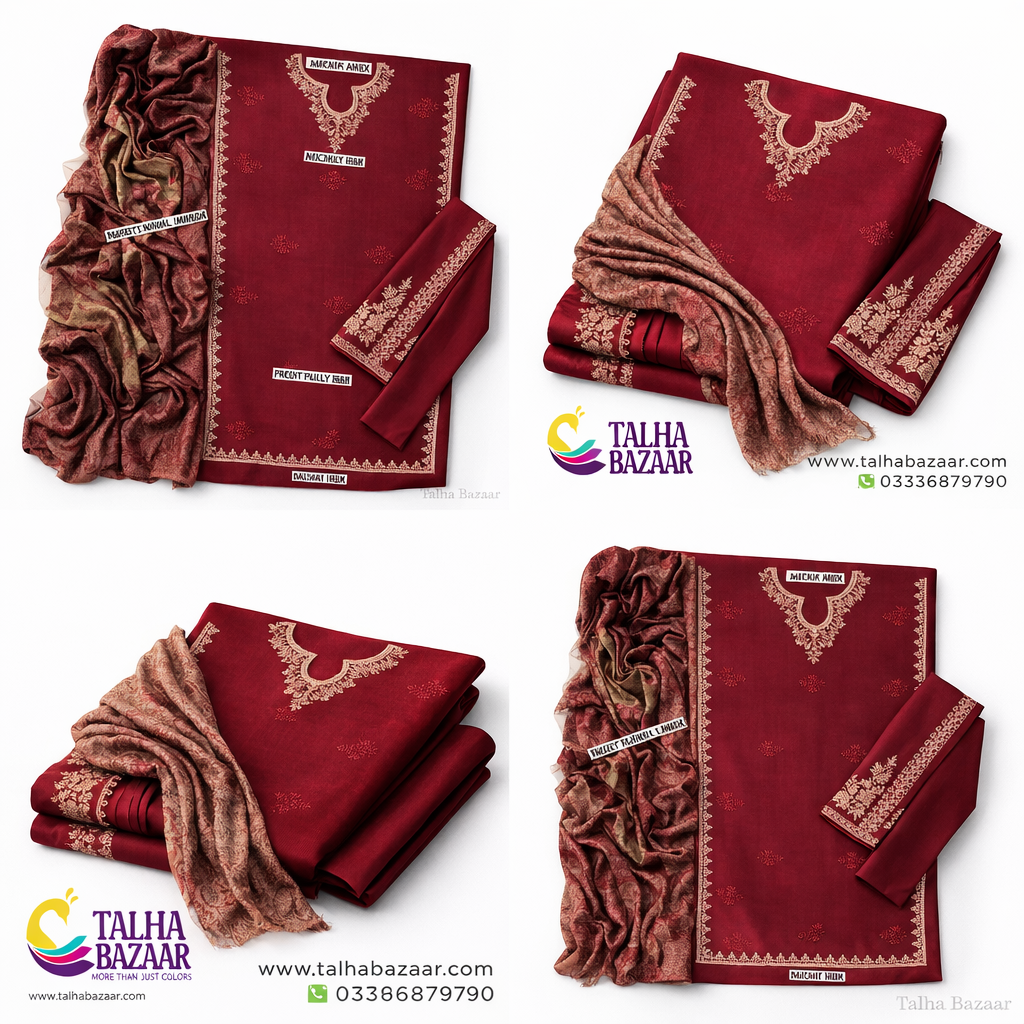 3 Pcs Women’s Unstitched Embroidered Suit – Red