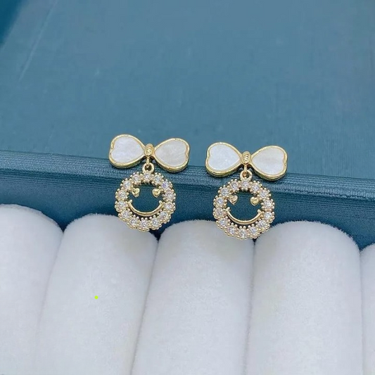 PXT-988 Smiley Face Zircon Korean Earrings – Elegant Bow & Crystal Circle Design (Golden & Silver)