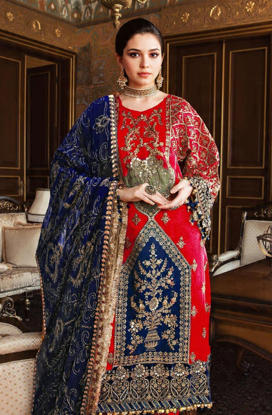 Exquisite Red Embroidered Viscose Suit – 3 Piece Unstitched