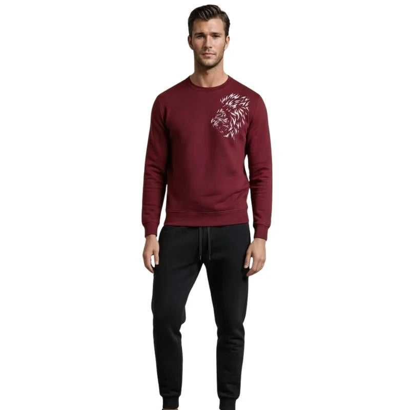 LION Printed Maroon Tracksuit Sweatshirt & Trouser | Warm & Comfortable Winter Wear | Large