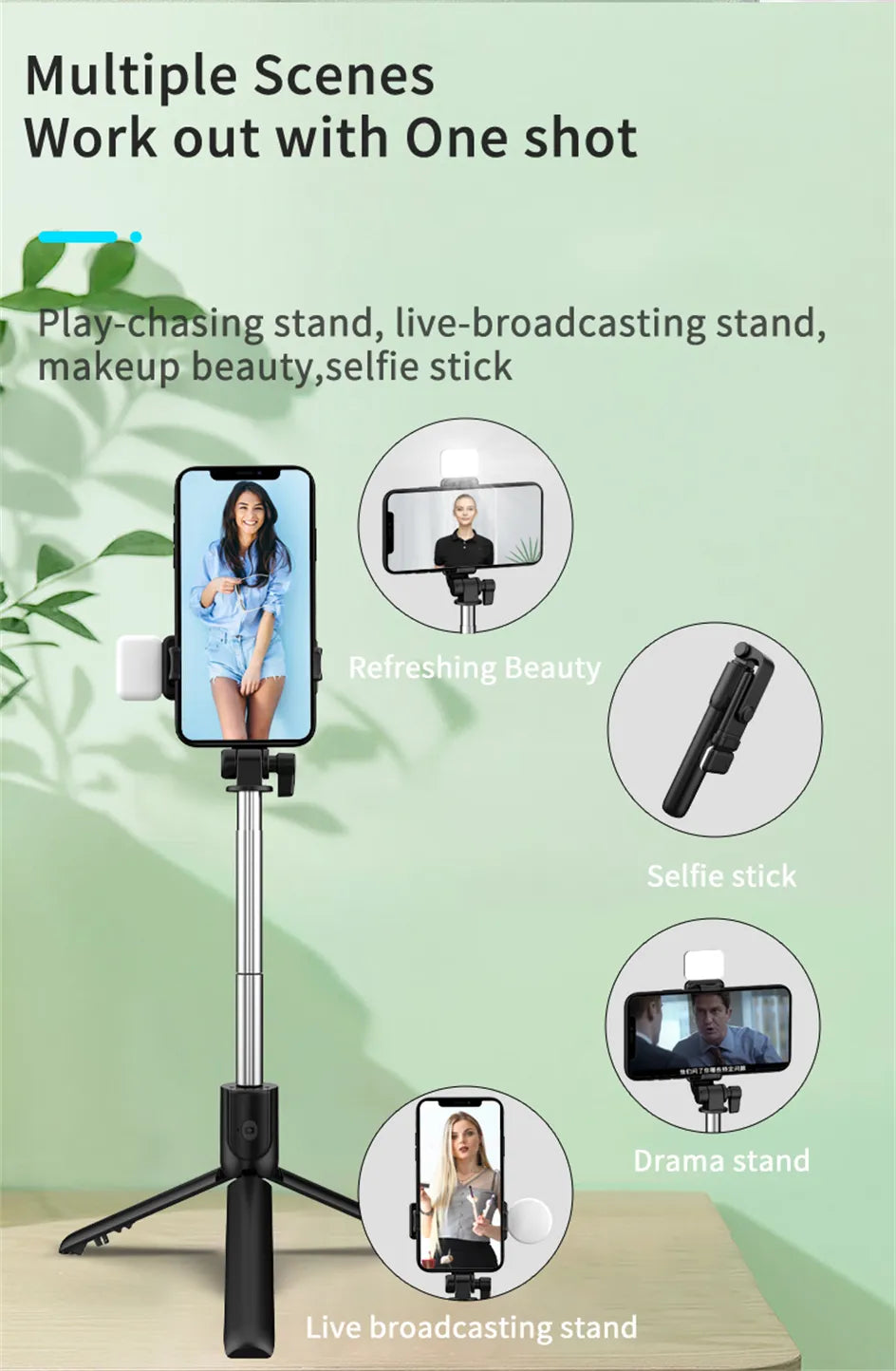 R1S Bluetooth Selfie Stick with Remote & Selfie Light – 3-in-1 Multifunctional Tripod Stand