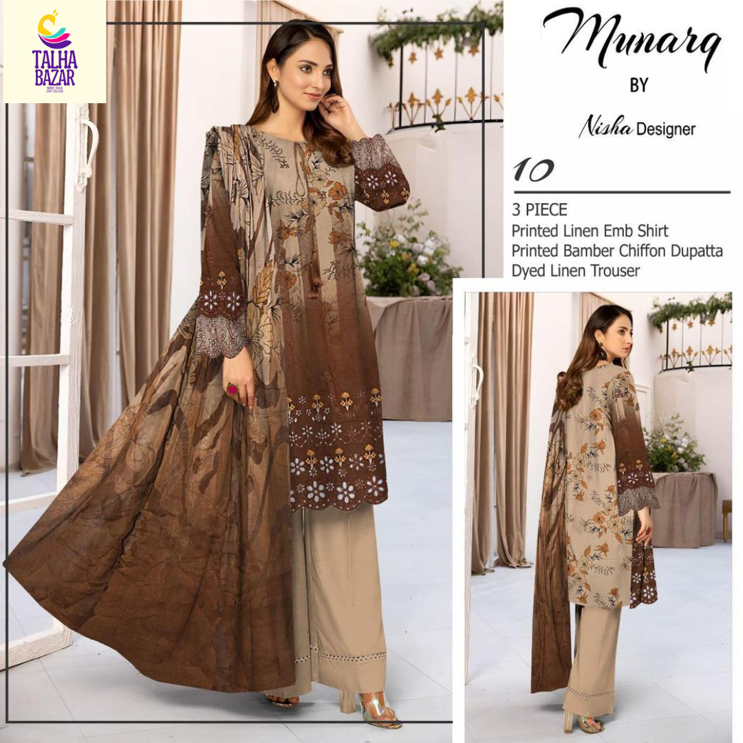 🤎 Exquisite Brown Linen Suit with Embroidered Chikankari Design