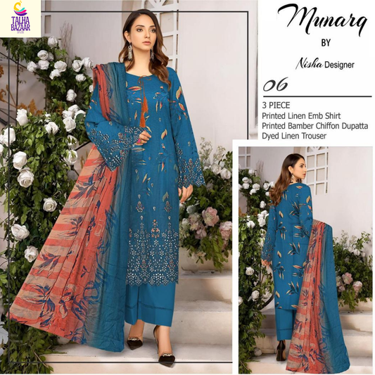💙 Elegant Blue Linen Embroidered Suit with Chikankari Sleeves and Embellished Dupatta