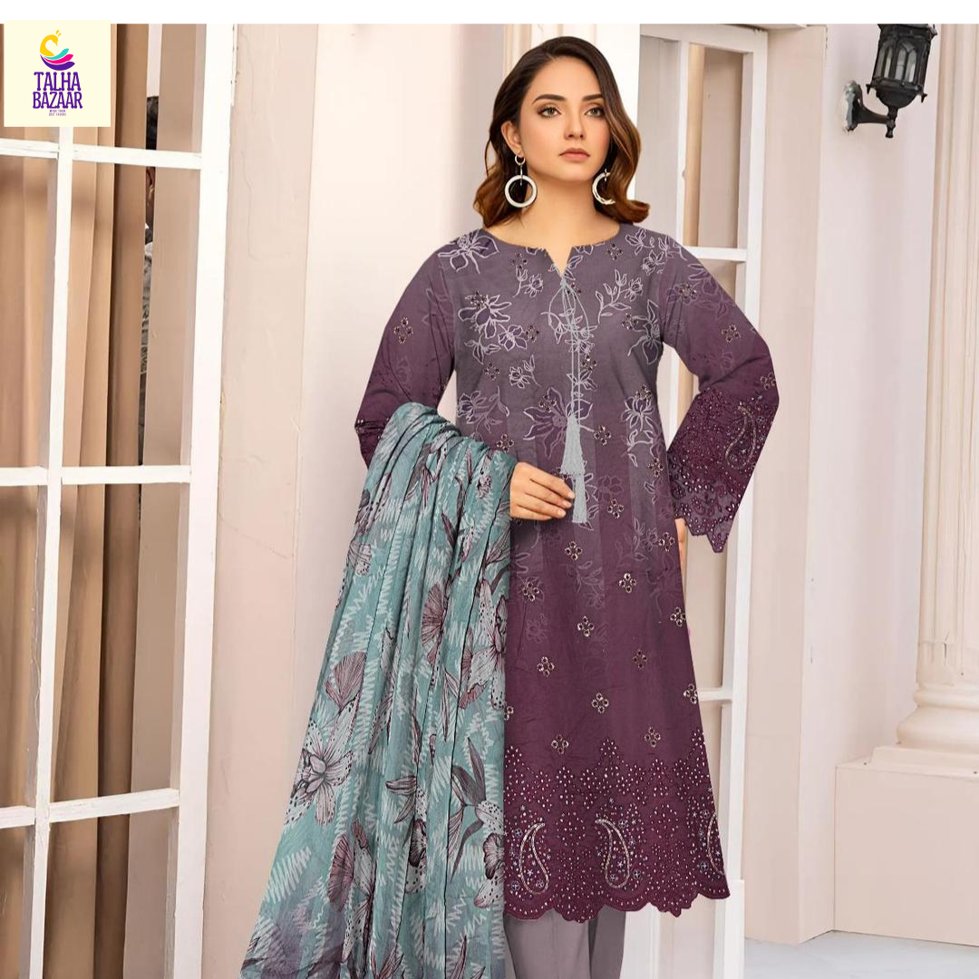 🟣 Elegant Purple Linen Suit with Chikankari Embroidered Accents
