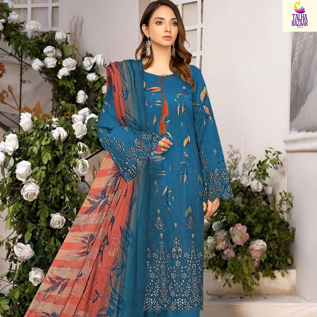 💙 Elegant Blue Linen Embroidered Suit with Chikankari Sleeves and Embellished Dupatta