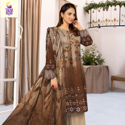 🤎 Exquisite Brown Linen Suit with Embroidered Chikankari Design
