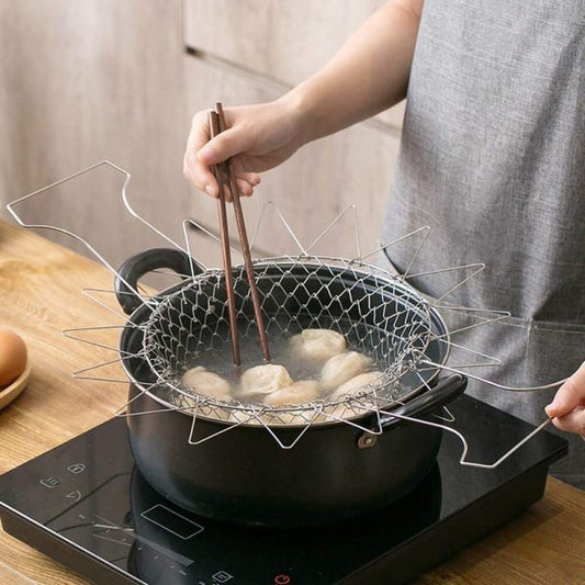 Stainless Steel Multi-functional Foldable Cooking Chef Basket Deluxe Kitchen Colander, Mesh Steam Rinse Strain Fry Basket Deep Fryer