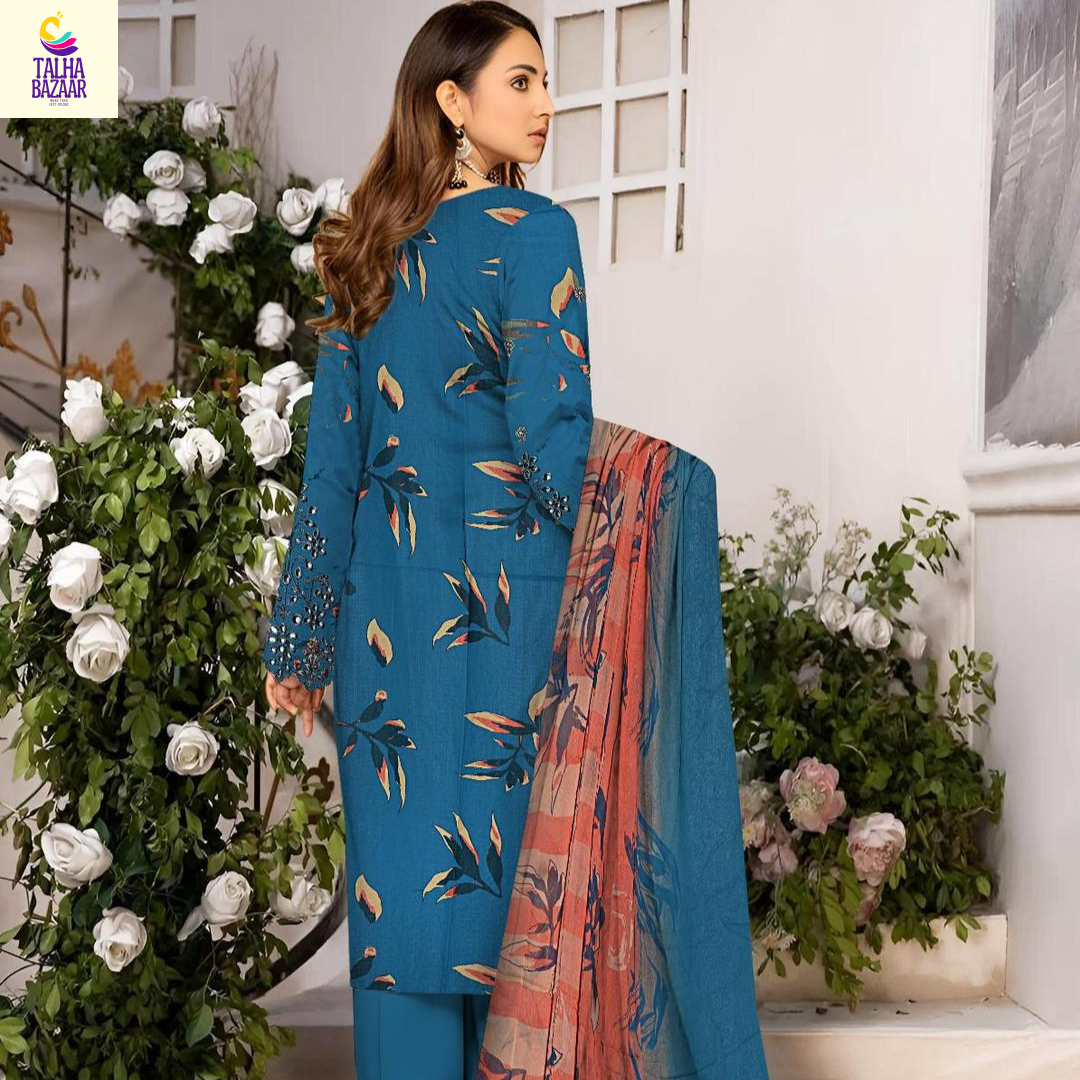 💙 Elegant Blue Linen Embroidered Suit with Chikankari Sleeves and Embellished Dupatta