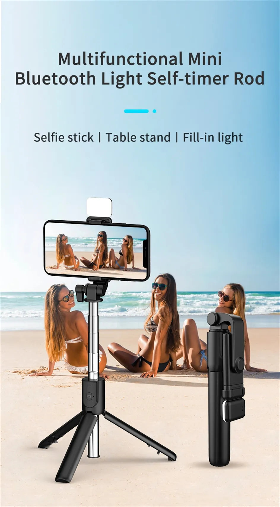 R1S Bluetooth Selfie Stick with Remote & Selfie Light – 3-in-1 Multifunctional Tripod Stand