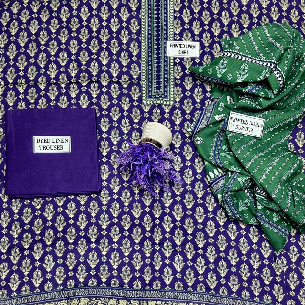 3 Pcs Women’s Unstitched Linen Printed Suit – Blue  Designer Inspired