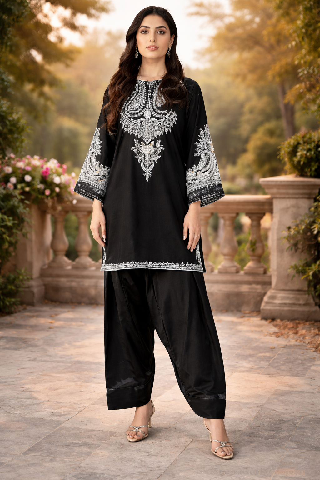Stylish 2-Piece Women’s Unstitched Embroidered Dhanak Suit – Black