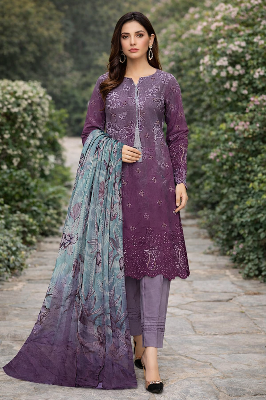 Elegant Purple Linen Suit with Chikankari Embroidered Accents