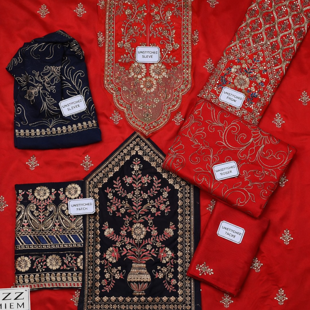 Exquisite Red Embroidered Viscose Suit – 3 Piece Unstitched