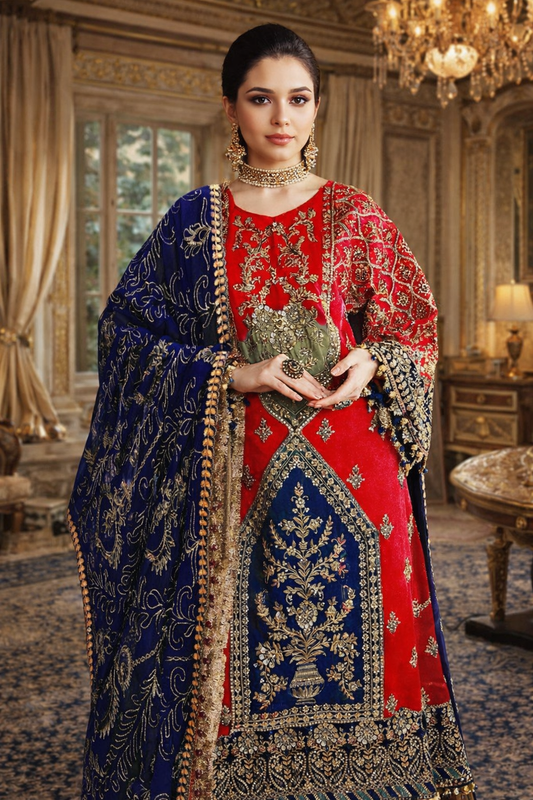 Exquisite Red Embroidered Viscose Suit – 3 Piece Unstitched