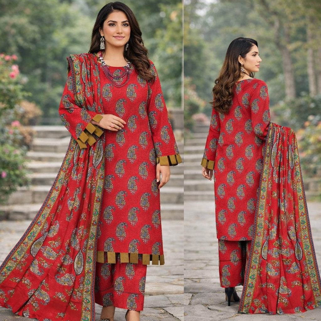 3 Pcs Women’s Unstitched Khaddar Printed Suit – Red
