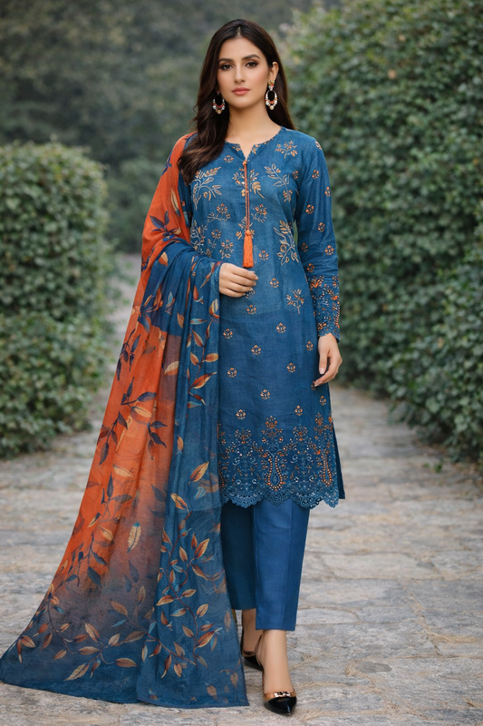 Elegant Blue Linen Embroidered Suit with Chikankari Sleeves and Embellished Dupatta