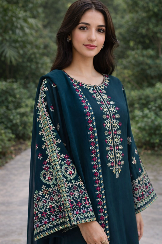 3 Pcs Women’s Unstitched Embroidered Dhanak Suit
