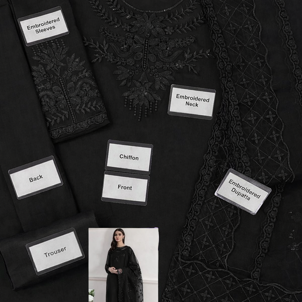 Black Chiffon Patch Work Suit – 3 Pcs (With Inner)