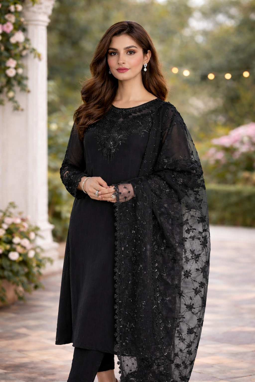 Black Chiffon Patch Work Suit – 3 Pcs (With Inner)