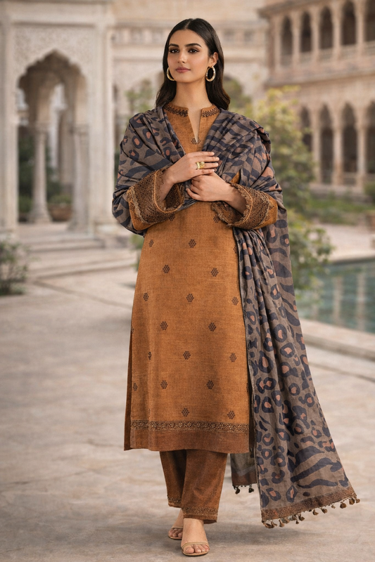 3 Pcs Women’s Unstitched Embroidered Suit – Brown