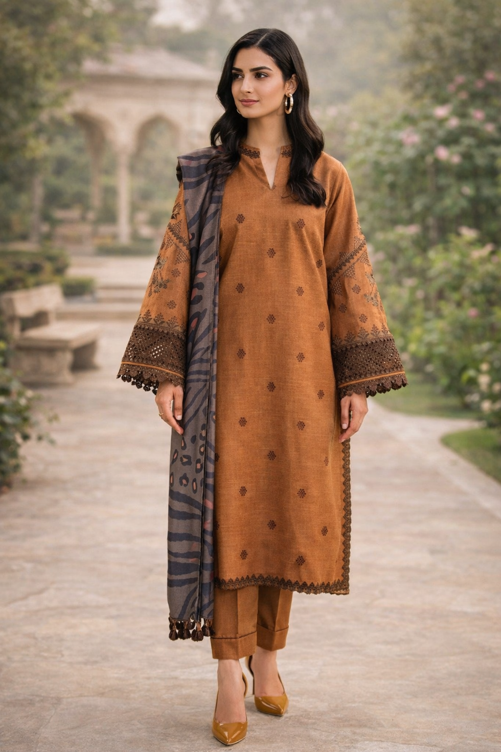 3 Pcs Women’s Unstitched Embroidered Suit – Brown