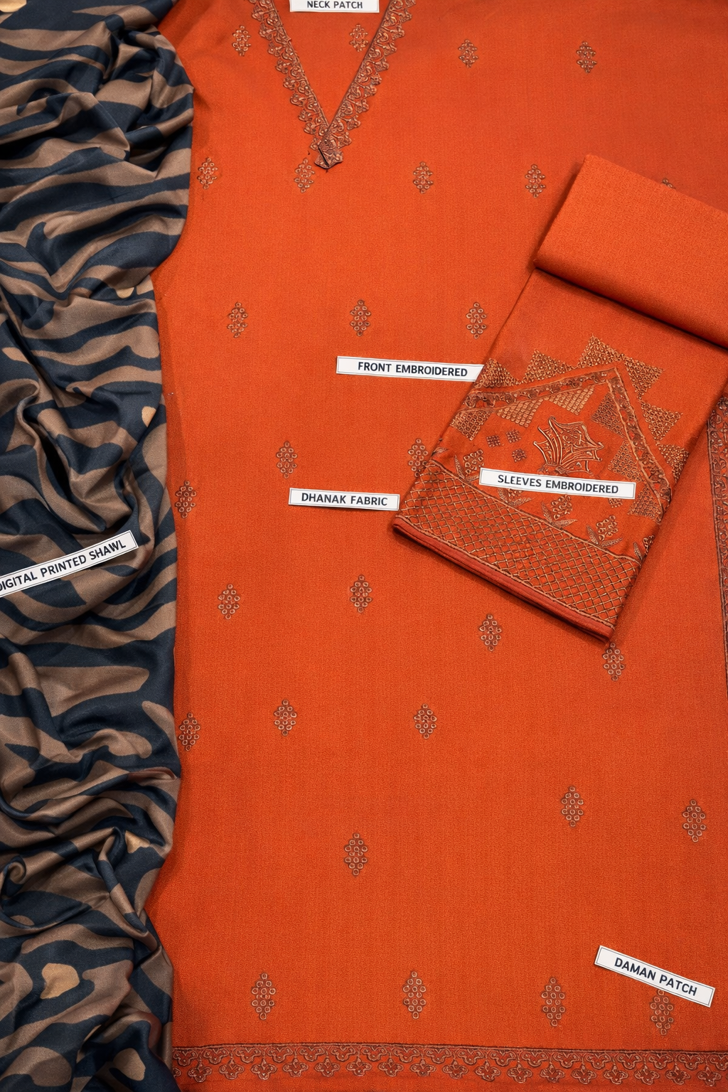 3 Pcs Women’s Unstitched Embroidered Suit – Brown