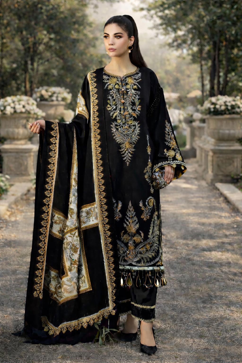 Black Embroidered Dhanak 3-Piece Suit (Winter Collection)