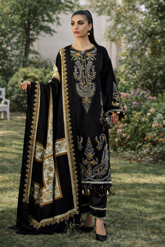 Black Embroidered Dhanak 3-Piece Suit (Winter Collection)