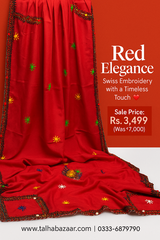 Women’s Swiss Embroidered Border Shawl – Red Elegance